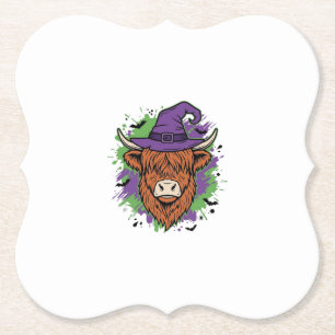 Halloween Hoogland Koe Heksenhoed Vintage Vector_1 Kartonnen Onderzetters