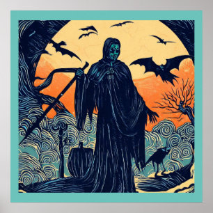 Halloween - houtsnede stijl 3 poster