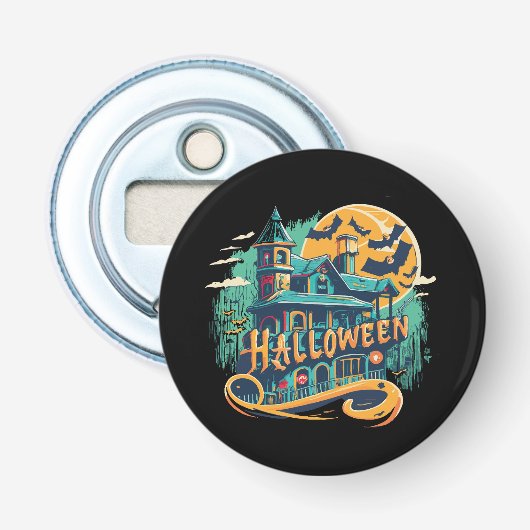  Halloween huis met geest Button Flesopener (Voorkant)