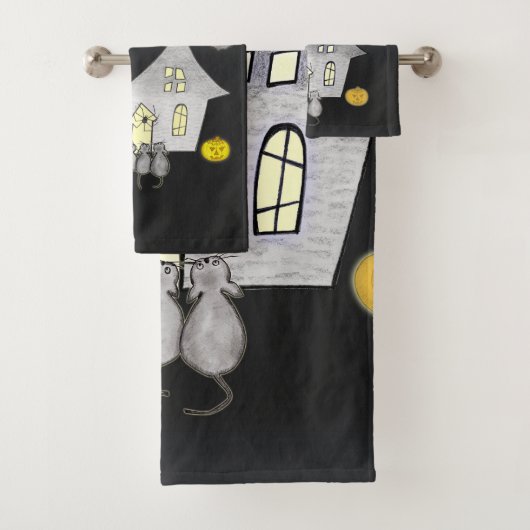 Halloween huis, zwarte katten, vleermuizen, pompoe bad handdoek (Insitu)