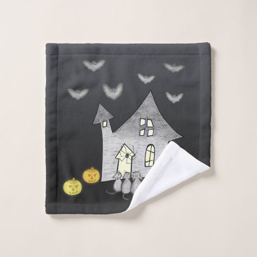 Halloween huis, zwarte katten, vleermuizen, pompoe bad handdoek (Wasdoekje)