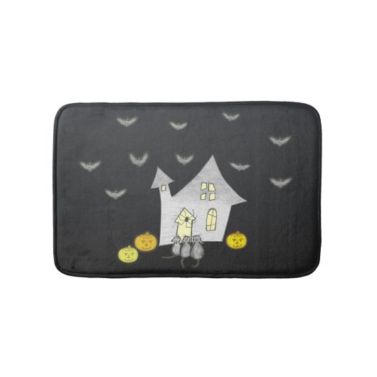 Halloween huis, zwarte katten, vleermuizen, pompoe badmat (Voorkant)