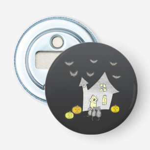 Halloween huis, zwarte katten, vleermuizen, pompoe button flesopener