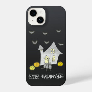 Halloween huis, zwarte katten, vleermuizen, pompoe iPhone 14 hoesje