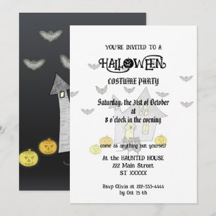 Halloween huis, zwarte katten, vleermuizen, pompoe kaart