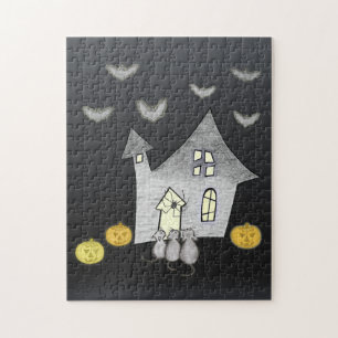 Halloween huis, zwarte katten, vleermuizen, pompoe legpuzzel