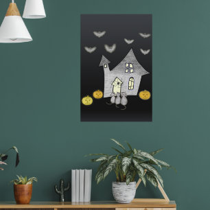 Halloween huis, zwarte katten, vleermuizen, pompoe poster