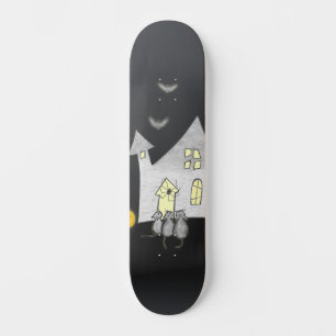 Halloween huis, zwarte katten, vleermuizen, pompoe skateboard