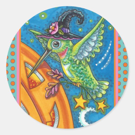 HALLOWEEN HUMMINGBIRD EN JACK O LANTERN WHIMSY RONDE STICKER (Voorkant)