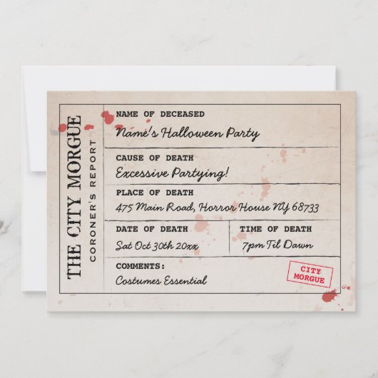 Halloween Invitation City Morgue Bureau du coroner (Devant)