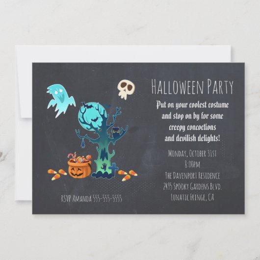 Halloween Invitation - Spooky Scene met Snoep Kaart (Voorkant)