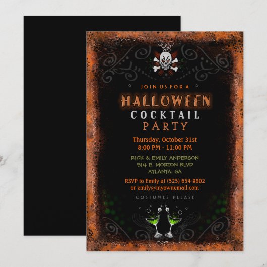 Halloween Invite - Rand met schedel en cocktails Kaart (Voorkant / Achterkant)