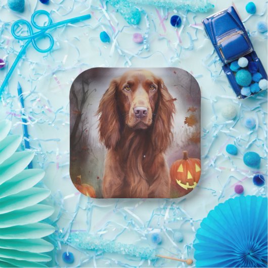 Halloween Irish Red Setter met pompoenen eng Papieren Bordje (Feest)