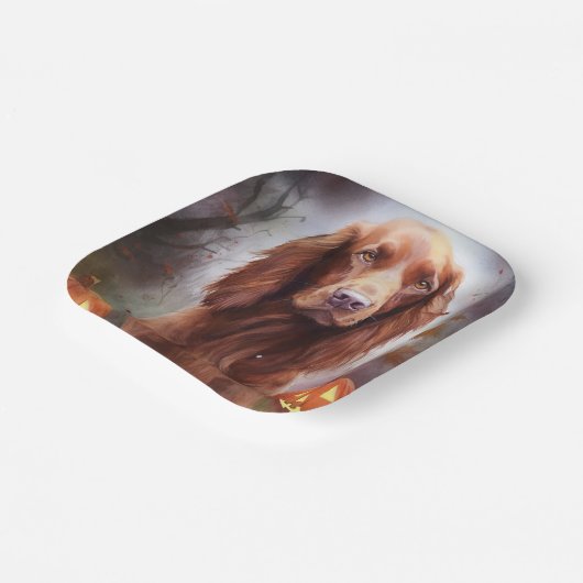 Halloween Irish Red Setter met pompoenen eng Papieren Bordje (Gebogen)