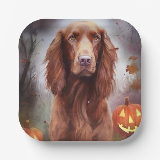 Halloween Irish Red Setter met pompoenen eng Papieren Bordje (Voorkant)