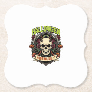 Halloween Jacht Nacht Gehoornde Schedel Rozen Pomp Kartonnen Onderzetters