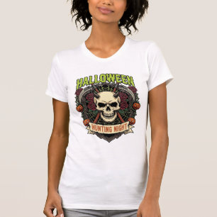 Halloween Jacht Nacht Gehoornde Schedel Rozen Pomp T-shirt