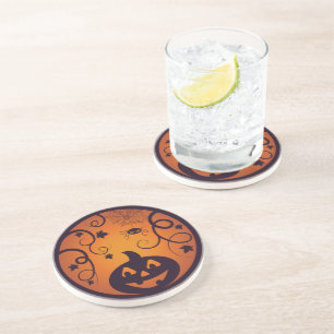 Halloween Jack o lantaarn pompoen gezicht en spin Zandsteen Onderzetter
