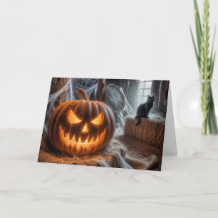 Halloween Jack-o-Lantern en Black Barn Cat Feestdagen Kaart