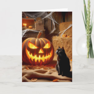 Halloween Jack-o-Lantern en Cat In Barn Feestdagen Kaart