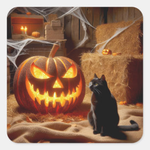 Halloween Jack-o-Lantern en Cat In Barn Vierkante Sticker