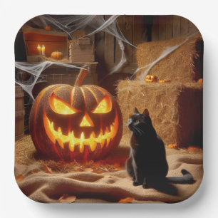 Halloween Jack-o-Lantern en Kat in Schuur Papieren Bordje