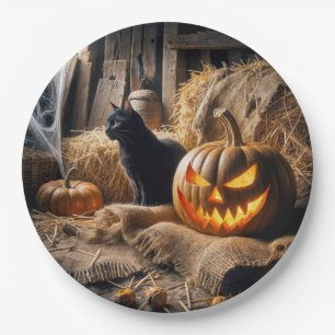 Halloween Jack-o-Lantern en Kat in Schuur Papieren Bordje