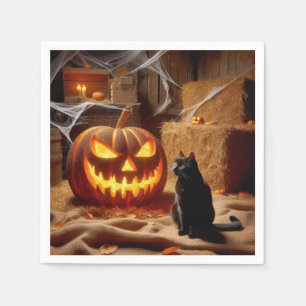 Halloween Jack-o-Lantern en Kat in Schuur Servet