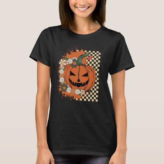 Halloween Jack-o-Lantern met bloemen en dammen T-shirt (Voorkant)