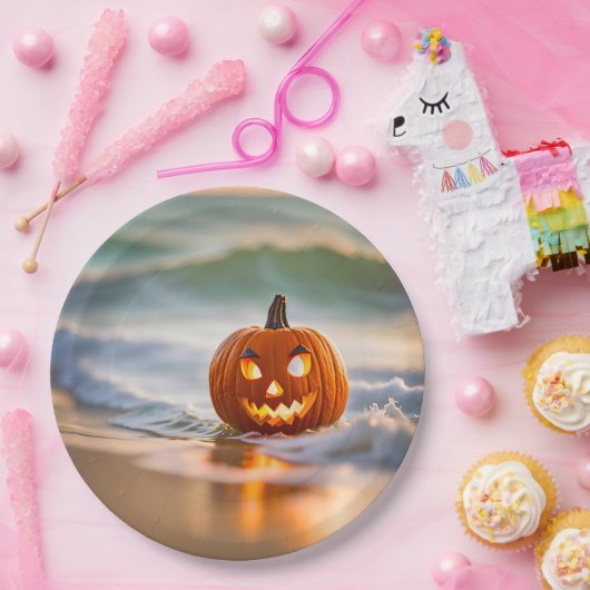 Halloween Jack-o-Lantern op het strand Papieren Bordje (Feest)