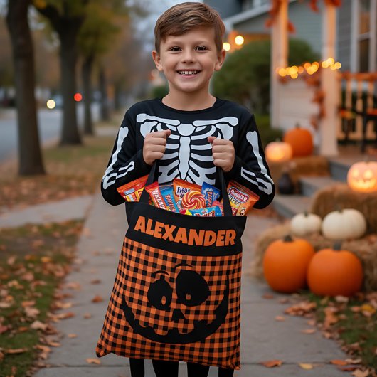 Halloween Jack-O-Lantern Orange & Black Plaid Name Draagtas
