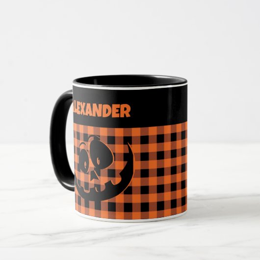Halloween Jack-O-Lantern Orange & Black Plaid Name Mok (Voorkant links)