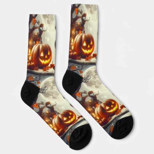 Halloween Jack O' Lantern Pompoen Print Crew Sokke Sokken (Rechts)