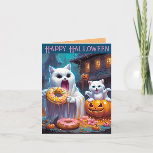 Halloween joyeuses - Cute Kitten et Ghost mangent  (Devant)