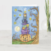 Halloween kaart met totem heks, kat en uil sitti (Voorkant)