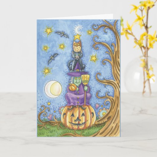Halloween kaart met totem heks, kat en uil sitti (Gele Bloem)