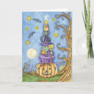 Halloween kaart met totem heks, kat en uil sitti