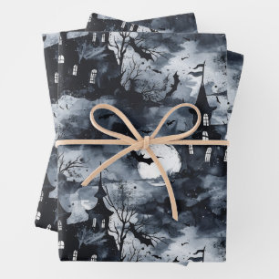 Halloween kasteel met maan en vleermuizen gotisch inpakpapier vel