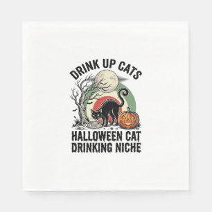 Halloween Kat Drinkende Vintage Maan Feest Shirt_1 Servet