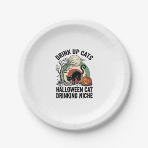 Halloween Kat Drinkende Vintage Maan Feest T-shirt Papieren Bordje