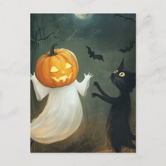 Halloween kat en geest briefkaart (Voorkant)
