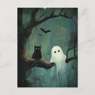 Halloween kat en geest briefkaart