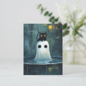 Halloween kat en geest in het zwembad briefkaart (Staand voorkant)