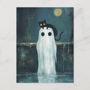 Halloween kat en geest in het zwembad briefkaart