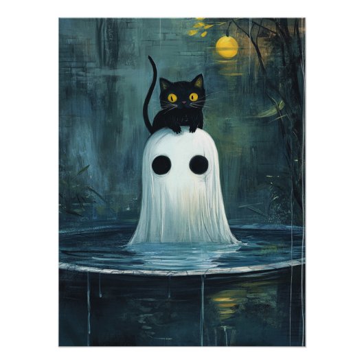 Halloween kat en geest in het zwembad perfect poster (Voorkant)