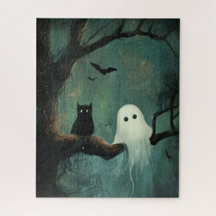Halloween kat en geest legpuzzel