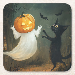 Halloween kat en geest vierkante kartonnen onderzetter