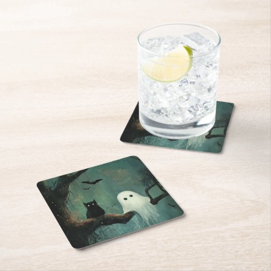 Halloween kat en geest vierkante kartonnen onderzetter (Insitu)