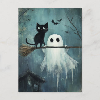 Halloween kat en geest vliegen op bezem briefkaart