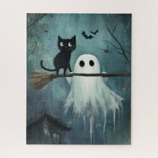 Halloween kat en geest vliegen op bezem legpuzzel